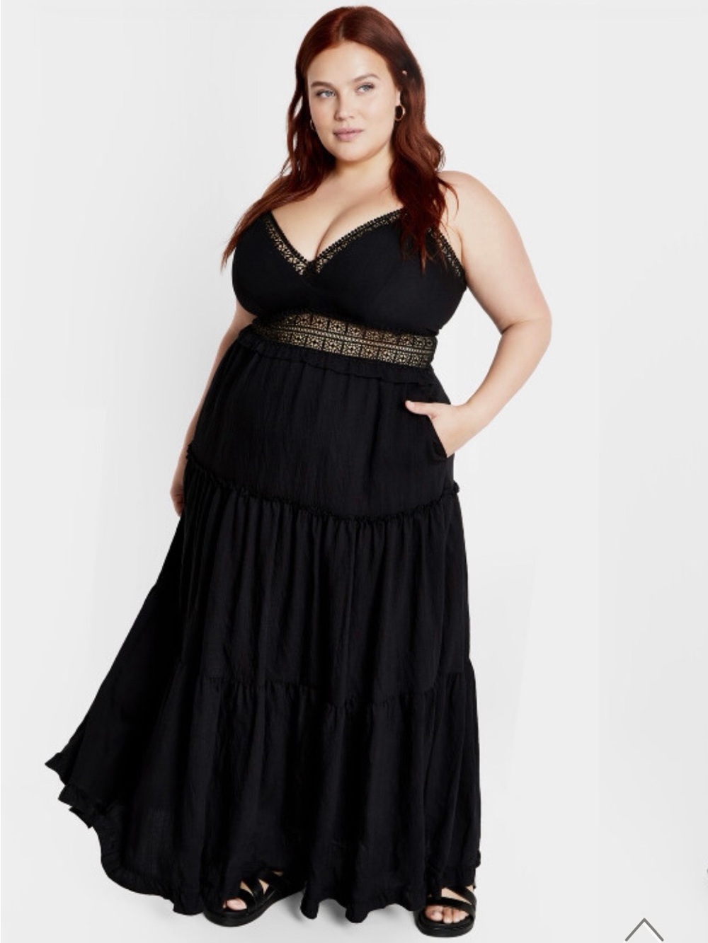 City Chic Plus-Size Black Tiered Maxi Skirt with Lace Waist